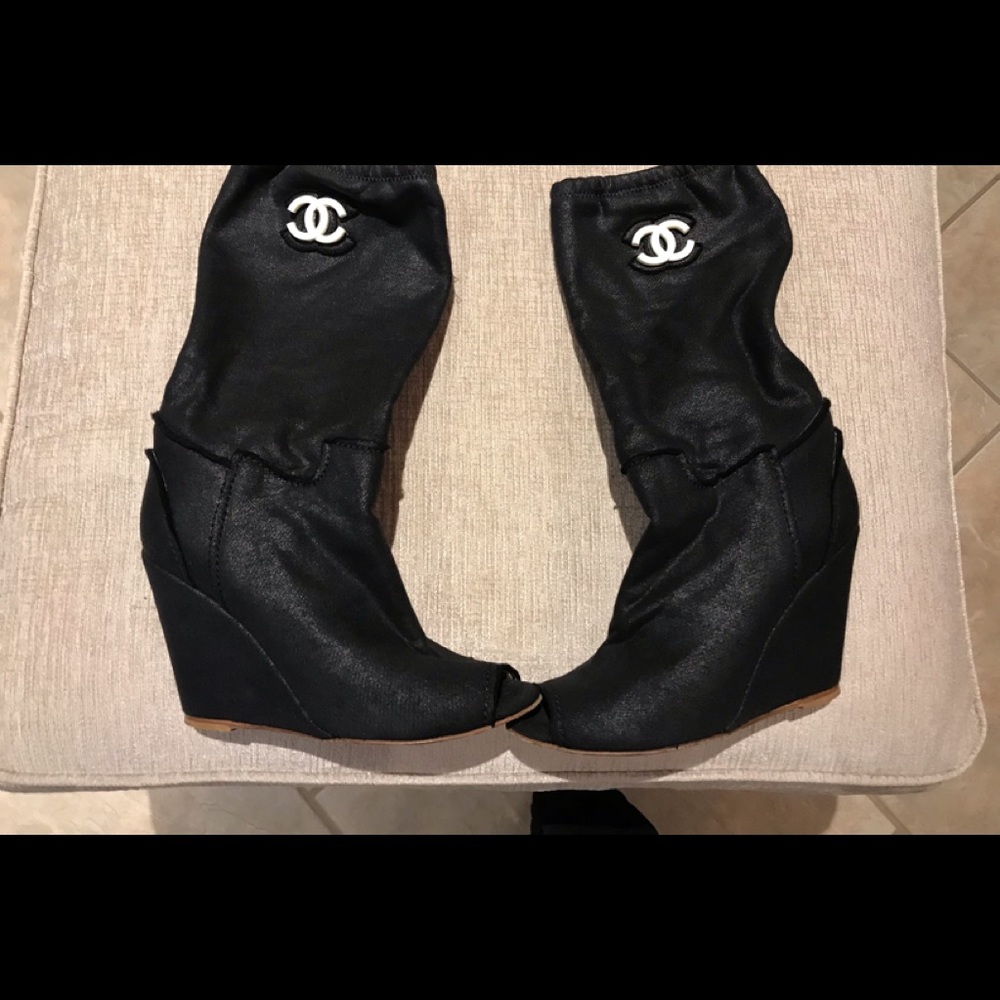 Authentic Chanel Black Peep Toe Boots